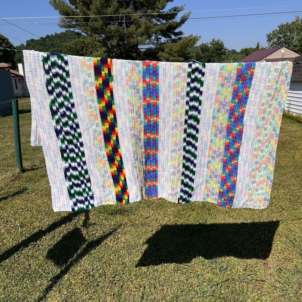 Handmade Crochet Blanket Rainbow Stripe Afghan Throw Cottagecore 53x48